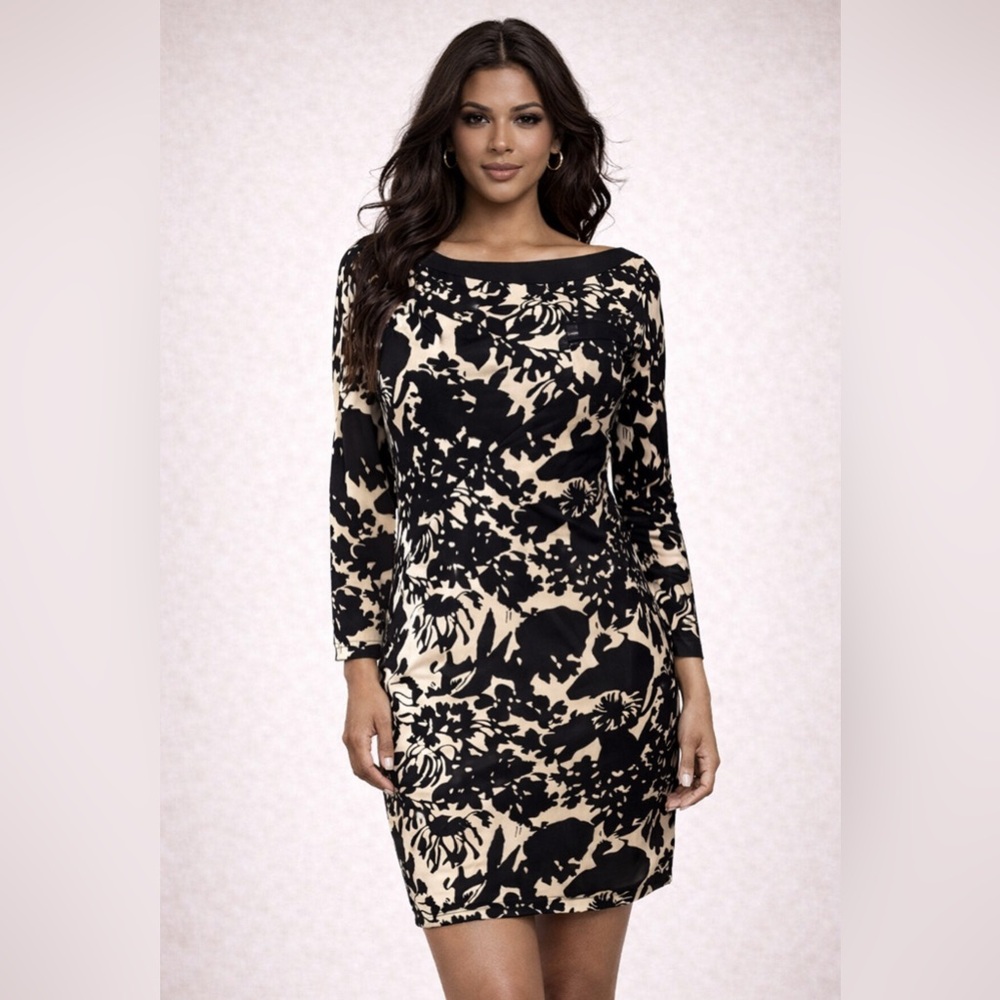 Diane Von Furstenberg Silk Shift Dress 2 XS Stretch Long Sleeve Black Cream